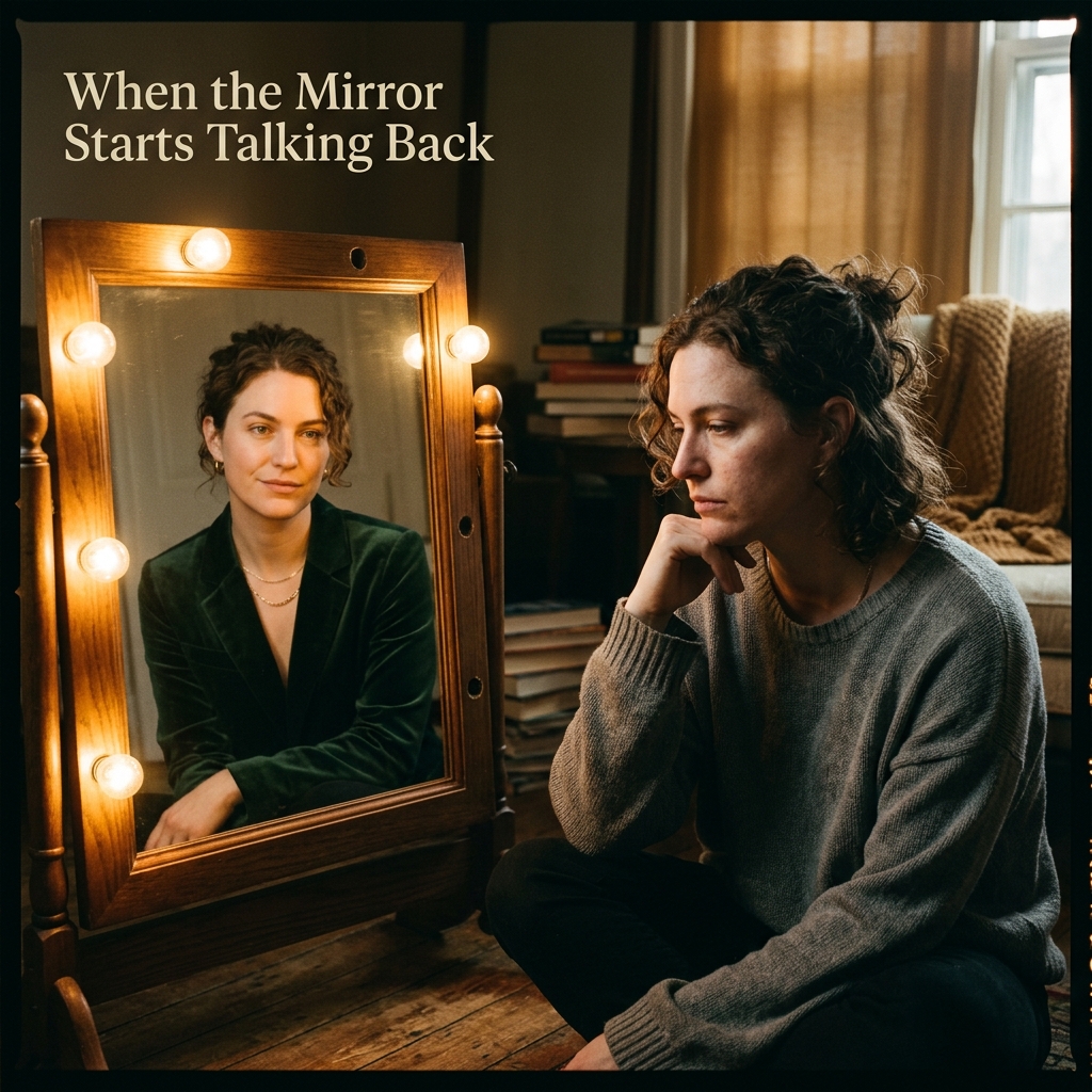 A person sitting before a vanity mirror — the reflection polished and composed, the real self tired and genuine — When the Mirror Starts Talking Back